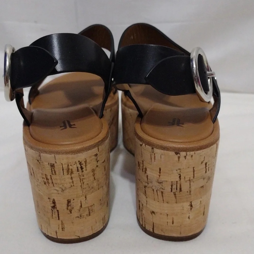 NEW Frye Black Leather Cork Wedge Platform Sandals Boho Luxe US 8.5 MSRP $458